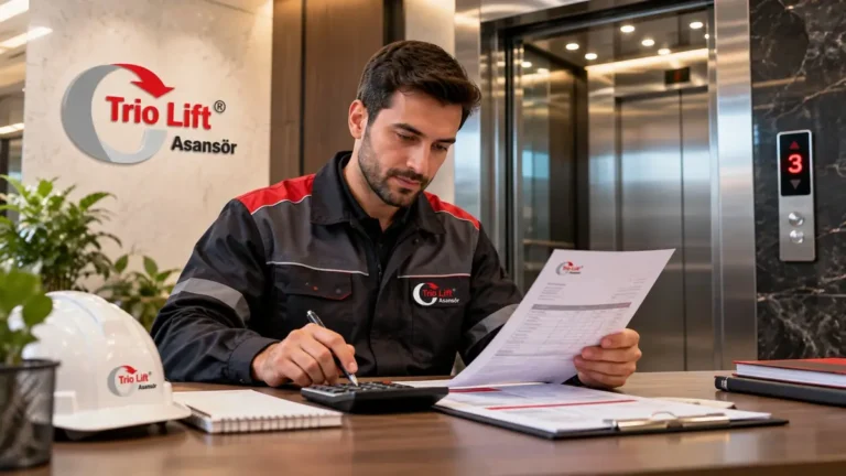 Trio Lift Asansör teknisyeni asansör lobisinde bakım faturasını hesap makinesiyle kontrol ediyor