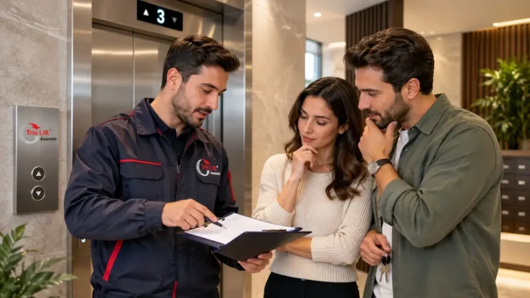 Trio Lift Asansör teknisyeni apartman lobisinde kiracı çifte asansör bakım formunu açıklıyor