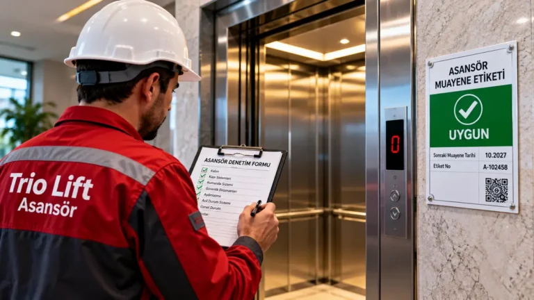 Trio Lift Asansör teknisyeni asansör denetim formunu doldururken, kapı yanında yeşil uygun muayene etiketi